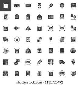 Post vector icons set, modern solid symbol collection, filled style pictogram pack. Signs, logo illustration. Set includes icons as Mail, Package, Mailbox, Post office, Postcard, Stamp, Delivery truck