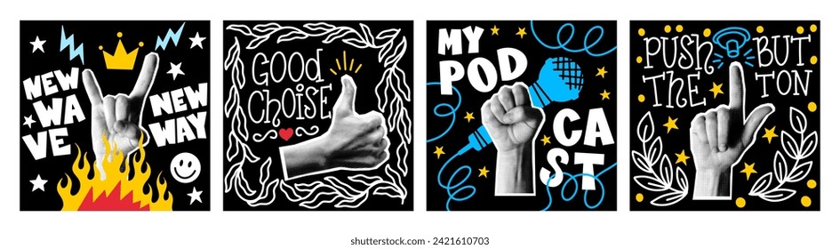 Post vintage speaker. Hand art. Emoji podcast. Rebel smile cover music. Retro sticker. Fun graphic. Grunge elements. Audio mic. Halftone comic arm gesture. New waves. Push button. Vector cards set