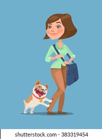 Post women and happy dog. Vector flat cartoon illustration