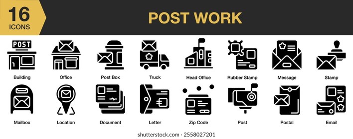 Post Work solid icon set. Includes truck, mail, stamp, head office, message, zip code, letter, and More. Solid icons vector collection.