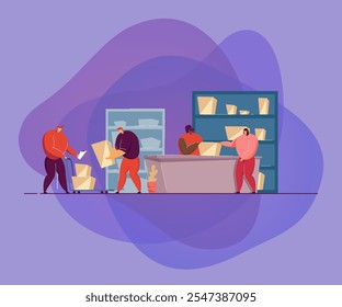 Post worker giving package to customer in post office flat vector illustration. Cartoon couriers removing boxes from handcart. Delivery service, logistics and mail shipping concept