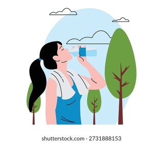 Post workout hydration concept. woman thirsty drink water bottle. woman drinking clean water from plastic bottle. A woman who has just finished exercising drinks mineral water from a plastic bottle. drinking water concept