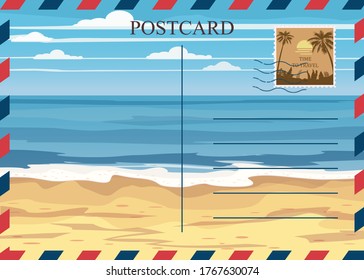 La playa vintage de verano se encuentra a orillas del mar. Tarjeta de diseño de viajes de vacaciones con sello postal. Plantilla aislada de ilustración de vector