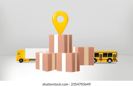 Postage boxes with map pin and transport. Fast shipping concept. 3d vector illustration