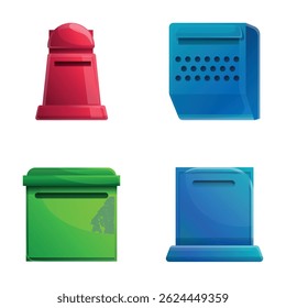 Postage correspondence icons set cartoon vector. Letterbox, postbox, mailbox. Correspondence service