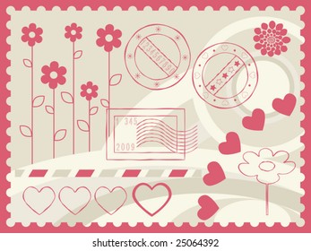 Postage and decoration elements on the abstract background. Vector illustration.