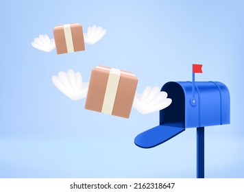 Postage delivery flying to the mail box. 3d vector concept