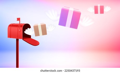 Postage delivery flying to the mail box. 3d vector banner with copy space