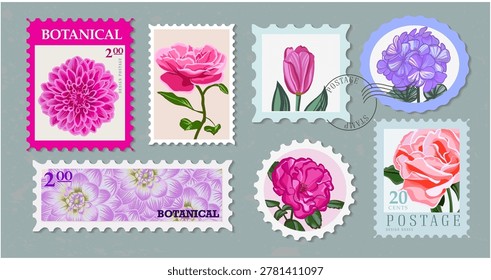 Postage with different flowers for wedding or summer design. Floral vector designs in vintage postal frame border. Postmarks collectors of floral stamps.