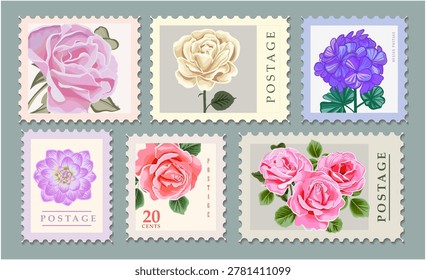 Postage with different flowers for wedding or summer design. Floral vector designs in vintage postal frame border. Postmarks collectors of floral stamps.