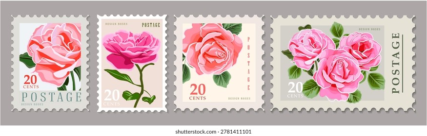 Postage with different flowers for wedding or summer design. Floral vector designs in vintage postal frame border. Postmarks collectors of floral stamps.