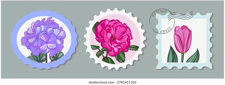Postage with different flowers for wedding or summer design. Floral vector designs in vintage postal frame border. Postmarks collectors of floral stamps.