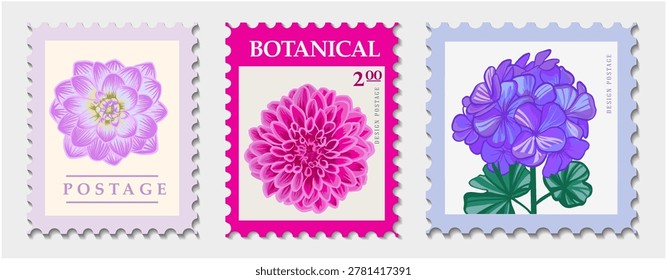 Postage with different flowers for wedding or summer design. Floral vector designs in vintage postal frame border. Postmarks collectors of floral stamps.