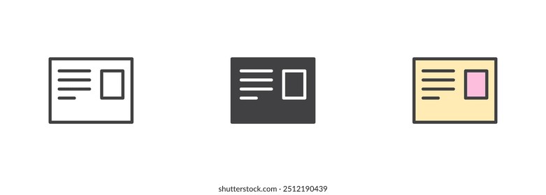 Envolvente de correo diferente conjunto de iconos de estilo. Línea, glifo y contorno relleno versión colorida, contorno y signo de Vector relleno. Símbolo de correo, ilustración de logotipo. Gráficos de Vector