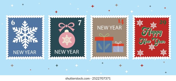 Postagem Festiva Ano Novo coleção de selo postal com flocos de neve, ornamentos e desenhos de presentes para saudações de férias e celebração sazonal