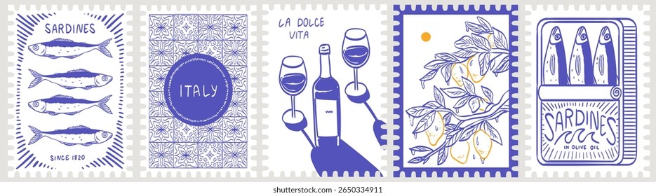Postage frame or border element design, elegant emblem or badge with lemons, wine and sardines. Vintage Italian print set, wall art vector travel postcard stamp, summer engraving placard or poster.