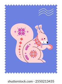 Postage greeting stamp with perforated zigzag edge with squirrel in Christmas style with snowflakes with knitted scandinavian ornament. Vector greeting cute illustration.