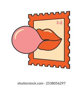 Postage hand drawn stamp with red lips blowing bubble gum for envelope in retro groovy style. Cool sticker isolated on transparent background. Vector illustration 10