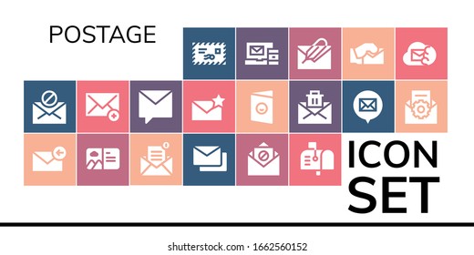 postage icon set. 19 filled postage icons.  Simple modern icons such as: Mail, Email, Postcard, Mails, Mailbox, Private message