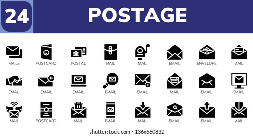 postage icon set. 24 filled postage icons.  Collection Of - Mails, Postcard, Postal, Mail, Email, Envelope