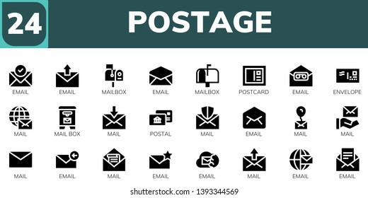postage icon set. 24 filled postage icons.  Simple modern icons about  - Email, Mailbox, Postcard, Envelope, Mail, Mail box, Postal