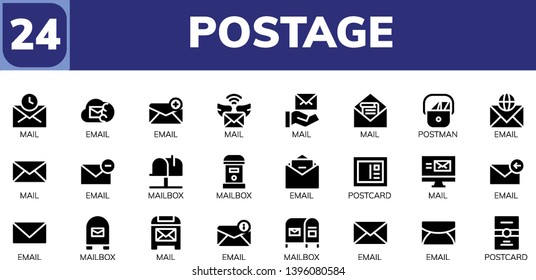 postage icon set. 24 filled postage icons.  Simple modern icons about  - Mail, Email, Postman, Mailbox, Postcard