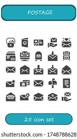 postage icon set. 25 filled postage icons.  Simple modern icons such as: Postman, Postcard, Mail, Email, Envelope, Mailbox, Postbox, Postal, Love letter