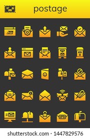 postage icon set. 26 filled postage icons.  Collection Of - Mailing, Mail, Email, Mail box, Mailbox, Postcard
