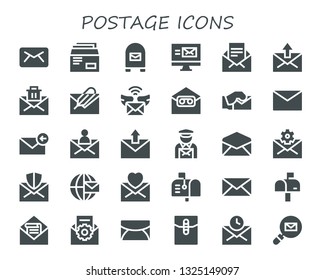 postage icon set. 30 filled postage icons.  Collection Of - Email, Envelope, Mailbox, Mail, Postman