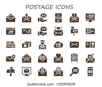 Porto-Icon-Set. 30 gefüllte Portosymbole.  Einfache, moderne Symbole wie: Post, E-Mail, Postkarte, Postfach, Umschlag, Postfach, Postfach