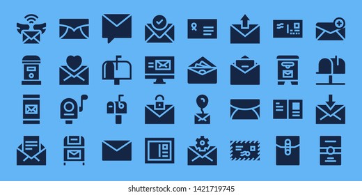 postage icon set. 32 filled postage icons. on blue background style Collection Of - Mail, Mailbox, Email, Postbox, Private message, Postcard, Envelope, Mail box