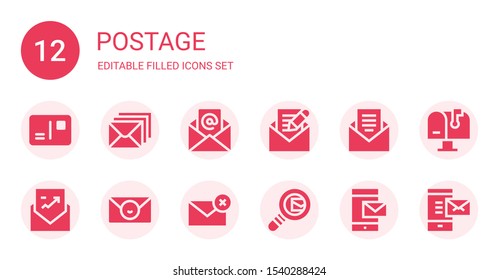 postage icon set. Collection of 12 filled postage icons included Postcard, Email, Envelope, Search mail, Mailbox, Mail