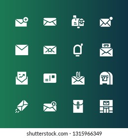 postage icon set. Collection of 16 filled postage icons included Post office, Mail, Email, Envelope, Mail box, Postcard, Mailbox