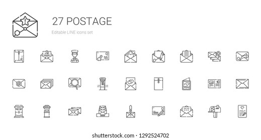 postage icons set. Collection of postage with email, postcard, love letter, letterbox, mailbox, envelope, postman, mail. Editable and scalable postage icons.