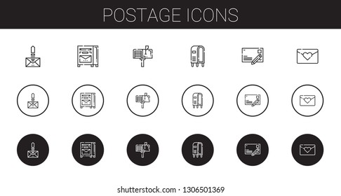 postage icons set. Collection of postage with email, mailbox, letterbox, postcard, love letter. Editable and scalable postage icons.