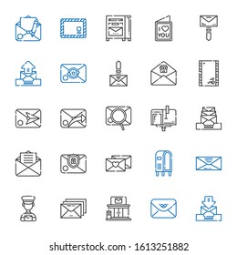 postage icons set. Collection of postage with email, envelope, post office, postman, letterbox, love letter, mailbox, mail. Editable and scalable postage icons.