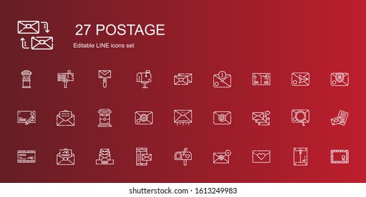 postage icons set. Collection of postage with love letter, email, mailbox, mail, postcard, envelope, letterbox, mailing. Editable and scalable postage icons.