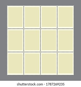 Postage marks set. Sheet of 12 blank postal stamps for postcard or envelopes. Vintage empty stamp with perforated edge for letter. Retro border or frame illustration. New connected mail sticker.