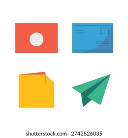 Postage and message icons with envelope, page sheet, paper airplane, simple communication vector for office workflow, business presentation design