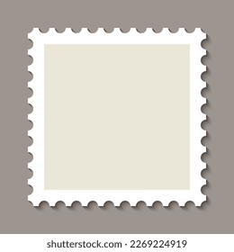 Postage perforated label. Post stamp. Postal rectangular frame. Empty mail stamp. White paper postmark for envelope letter. Blank border isolated on gray background. Vector illustration.