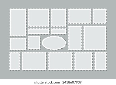 Postage perforated templates. Blank frames for mail letter. Post stamps. Empty stamps set with different shapes. Postal border. Collection paper postmarks isolated on background. Vector illustration.