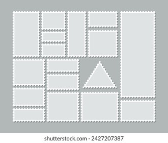 Postage perforated templates collection. Paper postmarks set. Post stamps isolated on background. Empty stamps. Postal shapes border. Blank frames for mail letter. Vector illustration. Flat design.