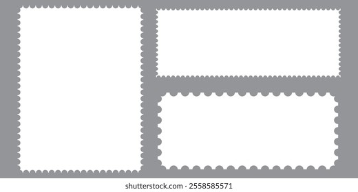 Postage perforated templates collection. Paper postmarks set. Post stamps isolated on background. Empty stamps. Vector illustration.