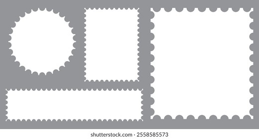 Postage perforated templates collection. Paper postmarks set. Post stamps isolated on background. Empty stamps. Vector illustration.