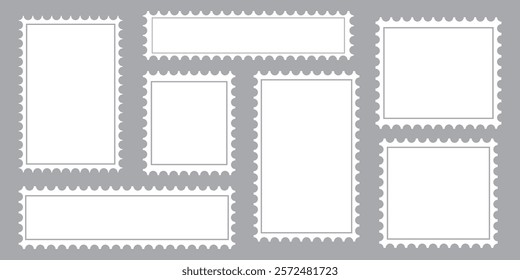 Postage perforated templates collection. Paper postmarks set. Post stamps isolated on background. Empty stamps. Postal shapes border. Blank frames for mail letter. Vector illustration.