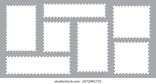 Postage perforated templates collection. Paper postmarks set. Post stamps isolated on background. Empty stamps. Postal shapes border. Blank frames for mail letter. Vector illustration.