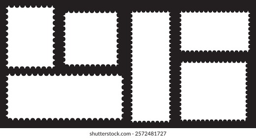 Postage perforated templates collection. Paper postmarks set. Post stamps isolated on background. Empty stamps. Postal shapes border. Blank frames for mail letter. Vector illustration.