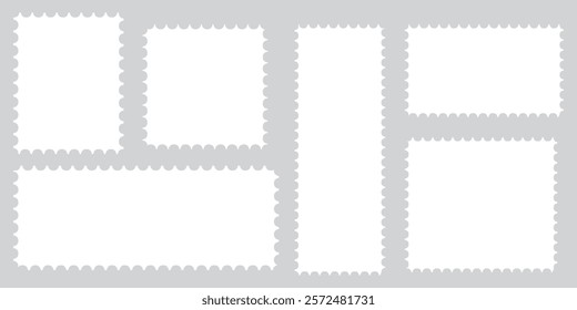 Postage perforated templates collection. Paper postmarks set. Post stamps isolated on background. Empty stamps. Postal shapes border. Blank frames for mail letter. Vector illustration.