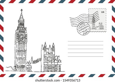 Postage Retro Envelope with hand drawn Big Ben in London. Grunge style envelope with stamp. Vector illustration