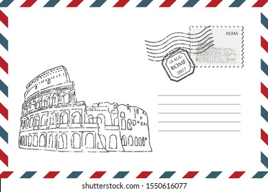 Postage Retro Envelope with hand drawn Coliseum in Rome. Grunge style envelope with stamp. Vector illustration